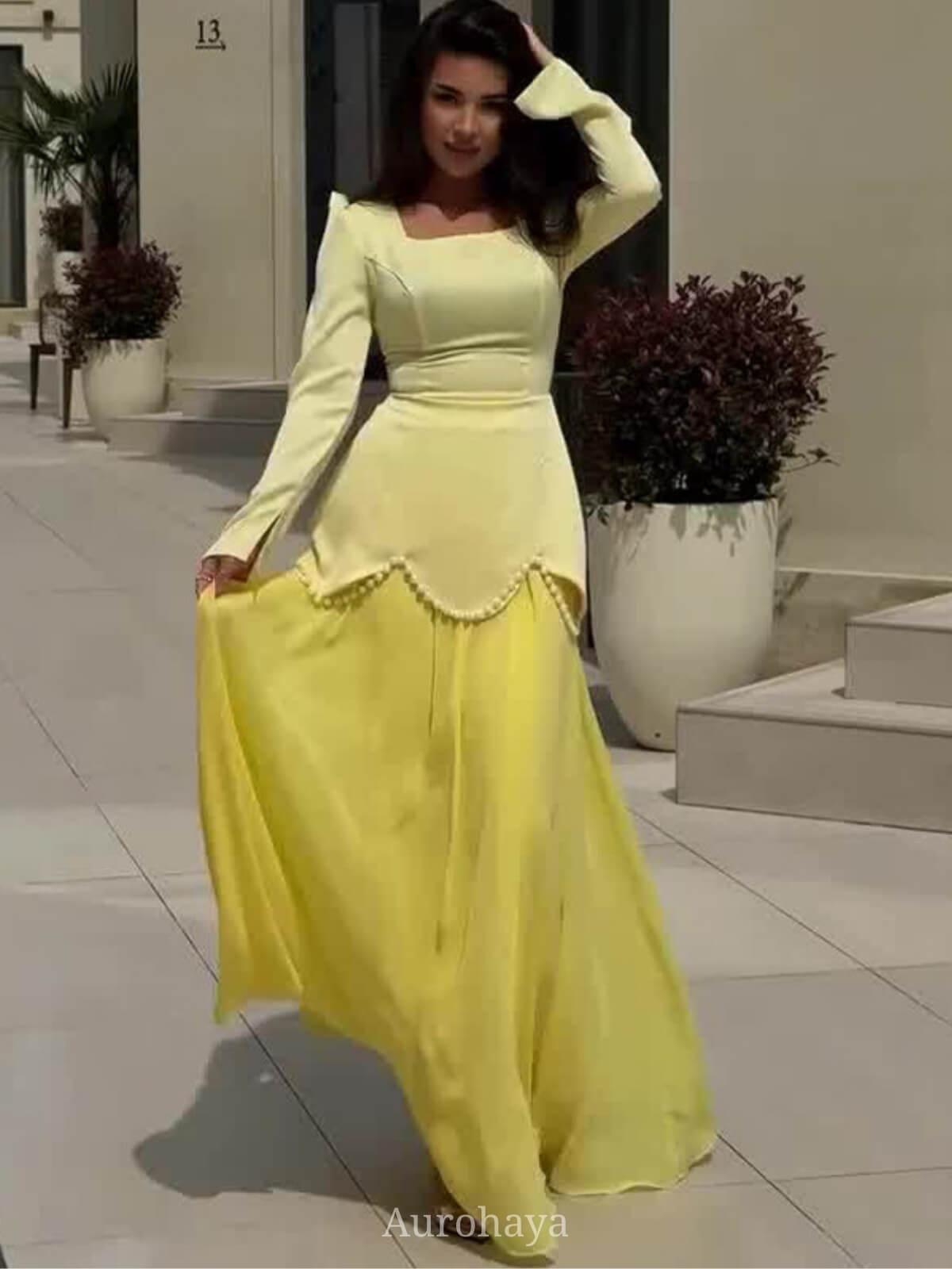 Aurohaya Satin-Chiffon Square Neck Long Sleeve Pearl Cuffs Maxi Dress Yellow