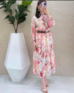 Aurohaya Belted Floral Print Midi Modest Dress