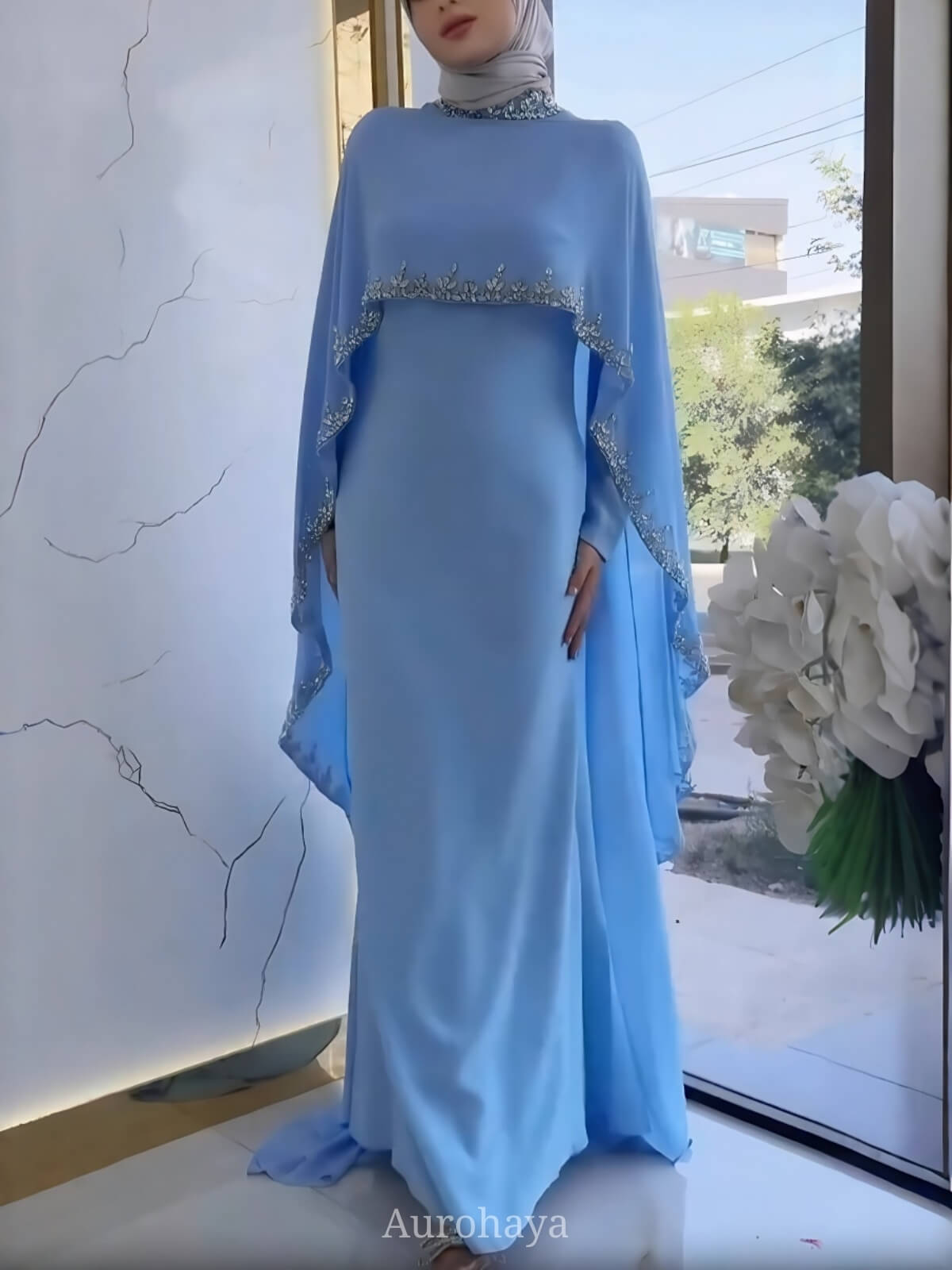 Luxury Beaded Cape Maxi Dress