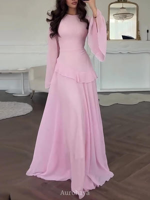 Aurohaya Ruffle Trim Lace-Up Round Neck Long-Sleeve Maxi Dress