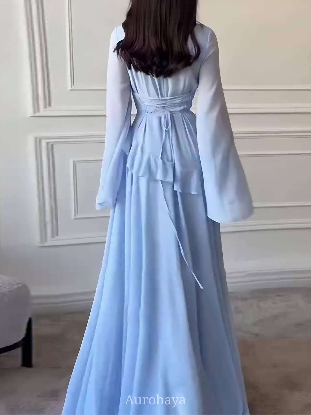 Aurohaya Ruffle Trim Lace-Up Round Neck Long-Sleeve Maxi Dress