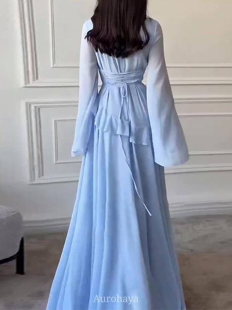 Aurohaya Ruffle Trim Lace-Up Round Neck Long-Sleeve Maxi Dress