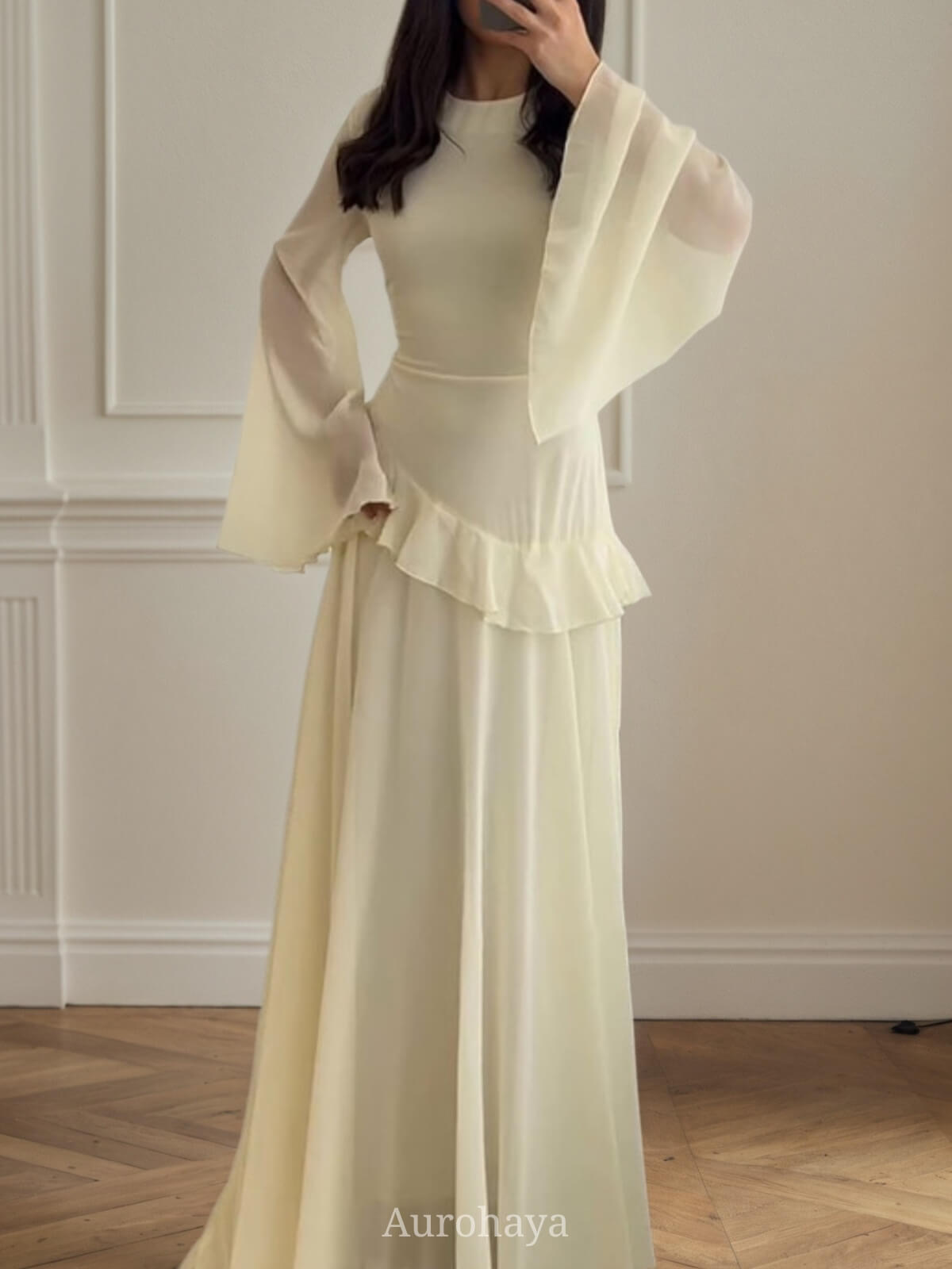Ruffle Trim Lace-Up Round Neck Long-Sleeve Maxi Dress