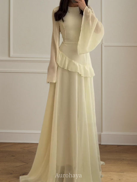 Aurohaya Ruffle Trim Lace-Up Round Neck Long-Sleeve Maxi Dress