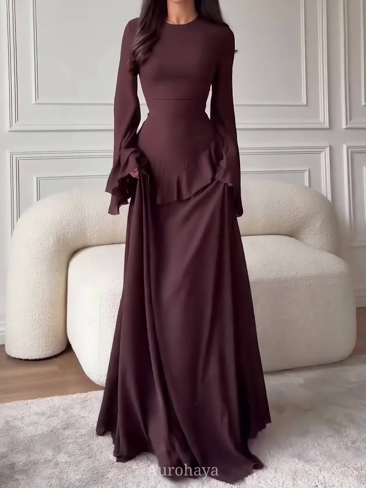 Ruffle Trim Lace-Up Round Neck Long-Sleeve Maxi Dress