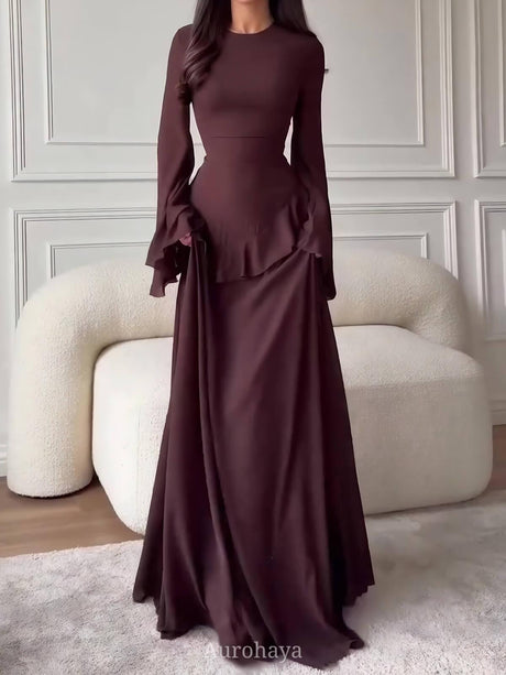 Aurohaya Ruffle Trim Lace-Up Round Neck Long-Sleeve Maxi Dress Brown
