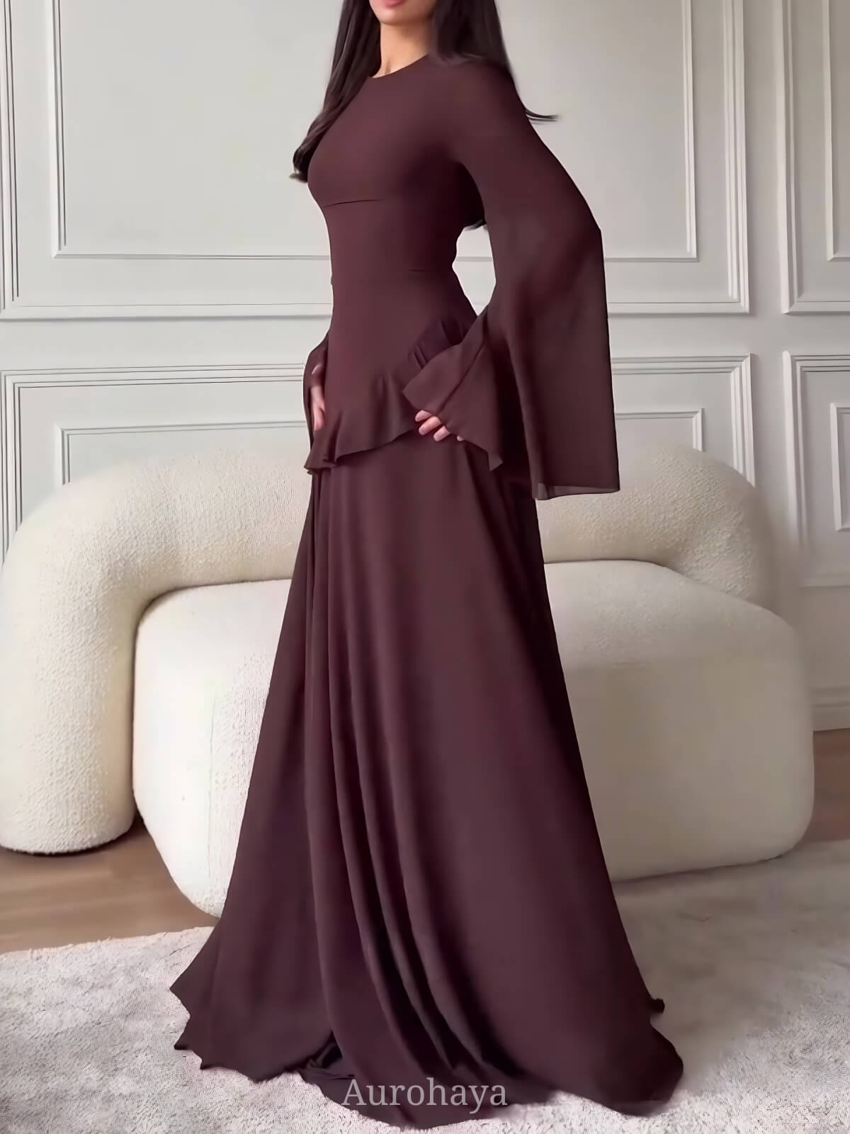 Ruffle Trim Lace-Up Round Neck Long-Sleeve Maxi Dress