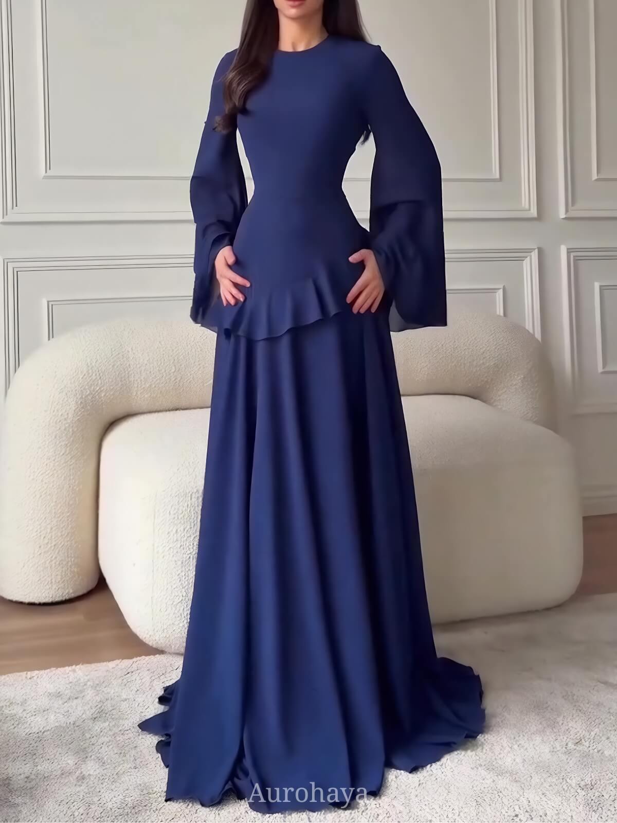 Ruffle Trim Lace-Up Round Neck Long-Sleeve Maxi Dress