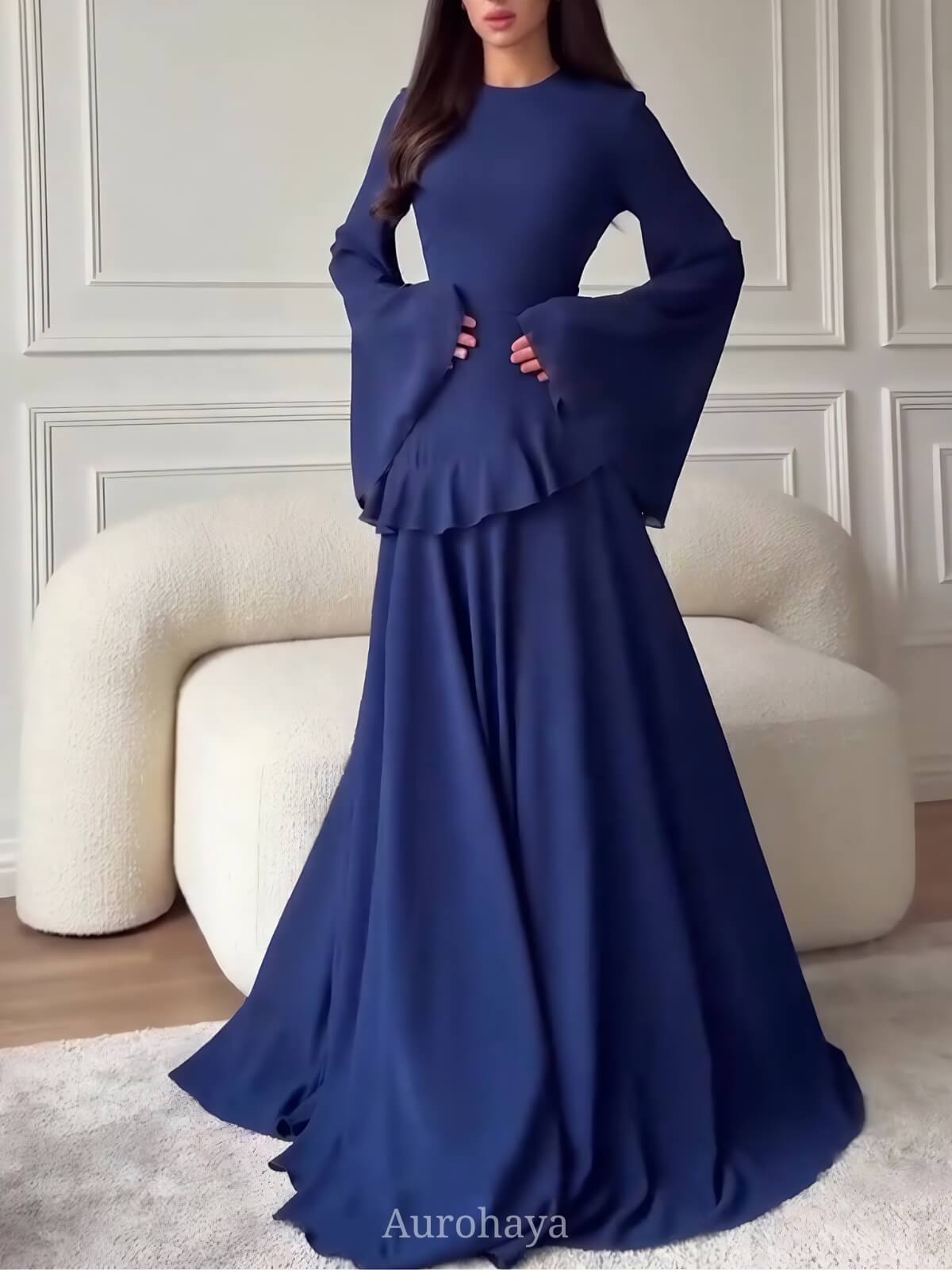 Ruffle Trim Lace-Up Round Neck Long-Sleeve Maxi Dress