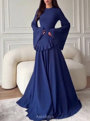 Aurohaya Ruffle Trim Lace-Up Round Neck Long-Sleeve Maxi Dress Navy