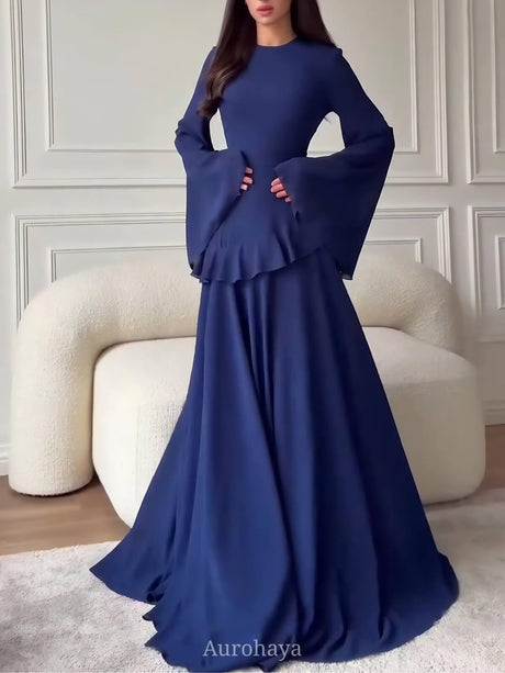 Aurohaya Ruffle Trim Lace-Up Round Neck Long-Sleeve Maxi Dress Navy