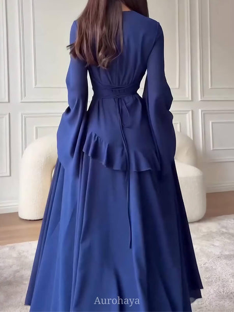 Aurohaya Ruffle Trim Lace-Up Round Neck Long-Sleeve Maxi Dress