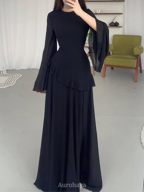 Aurohaya Ruffle Trim Lace-Up Round Neck Long-Sleeve Maxi Dress Black
