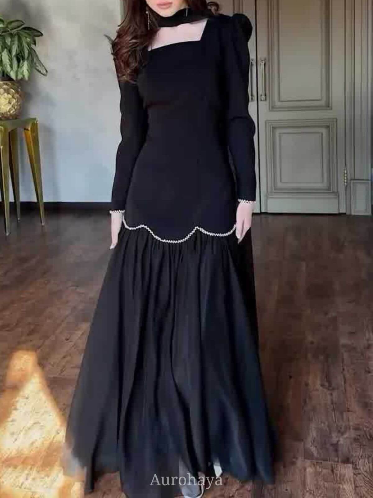 Square-Neck Scarf Included Mermaid Maxi Dress