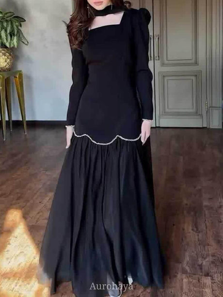 Aurohaya Square-Neck Scarf Included Mermaid Maxi Dress Black