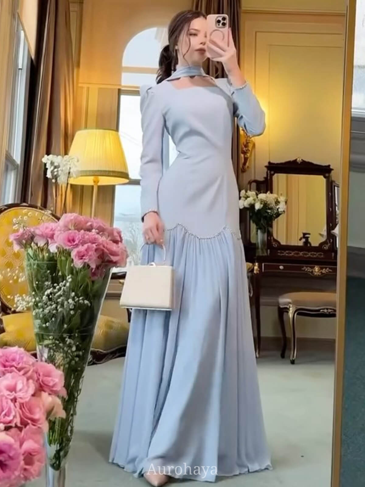 Square-Neck Scarf Included Mermaid Maxi Dress