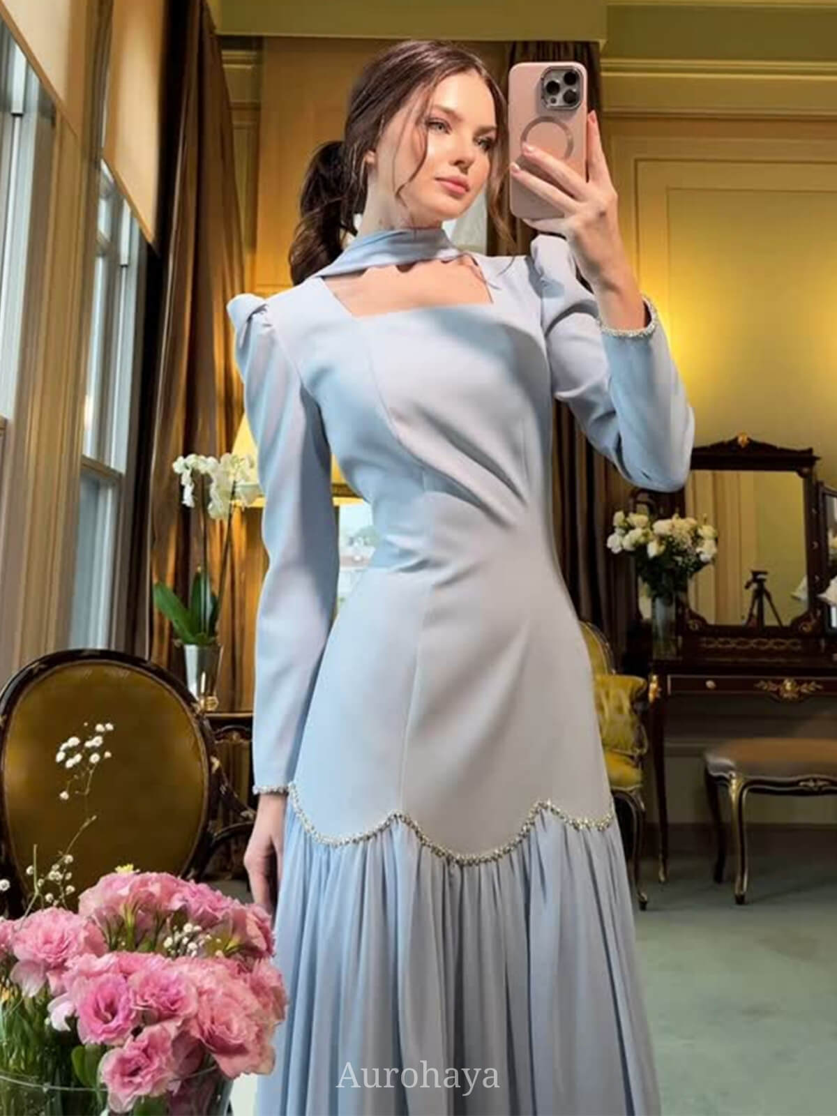 Square-Neck Scarf Included Mermaid Maxi Dress