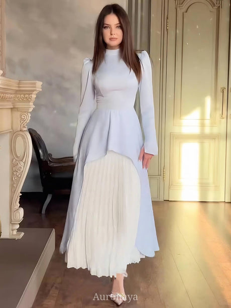 Aurohaya High Neck Long Sleeve Pleated Maxi Dress Blue