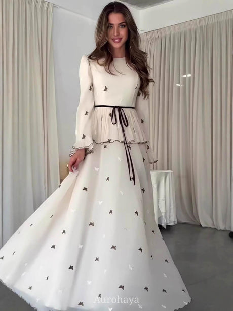 Aurohaya Long Sleeve Butterfly Peplum Waist Maxi Dress White
