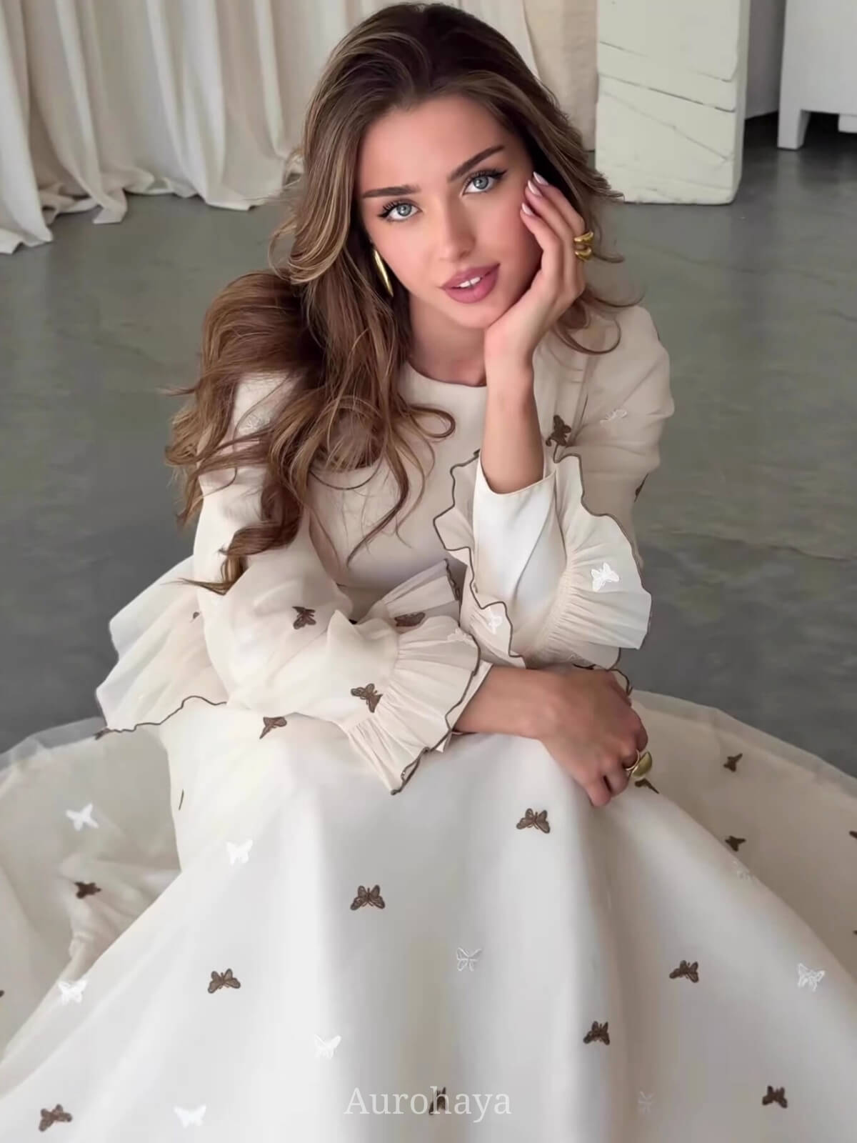 Long Sleeve Butterfly Peplum Waist Maxi Dress