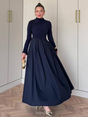Aurohaya Round Neck Long Sleeve Twisted Bodice Maxi Dress Blue