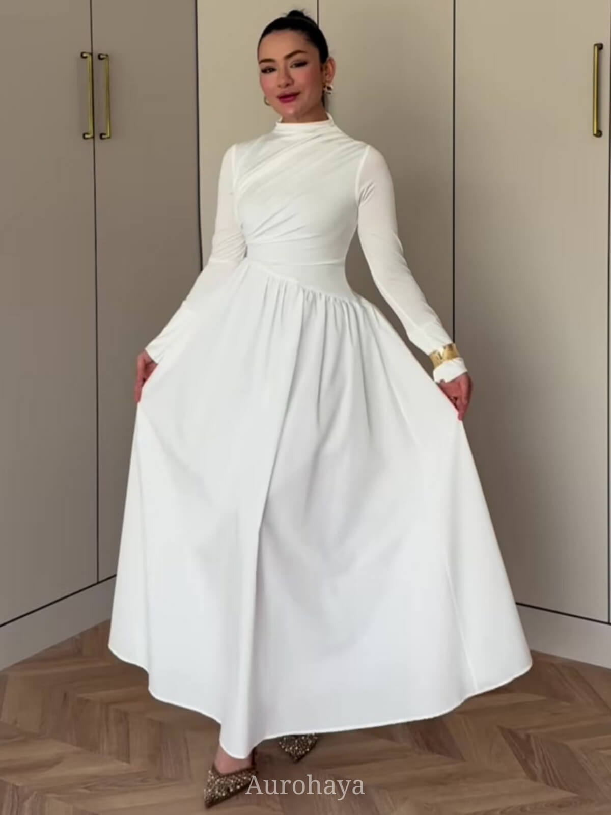 Round Neck Long Sleeve Twisted Bodice Maxi Dress