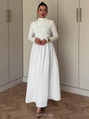 Aurohaya Round Neck Long Sleeve Twisted Bodice Maxi Dress