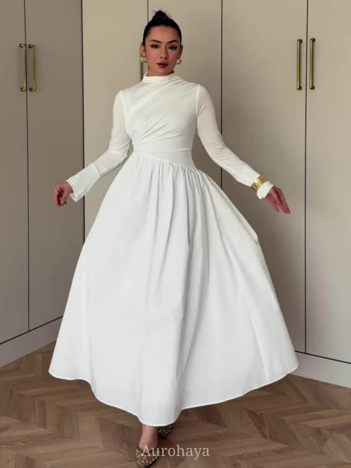 Aurohaya Round Neck Long Sleeve Twisted Bodice Maxi Dress White