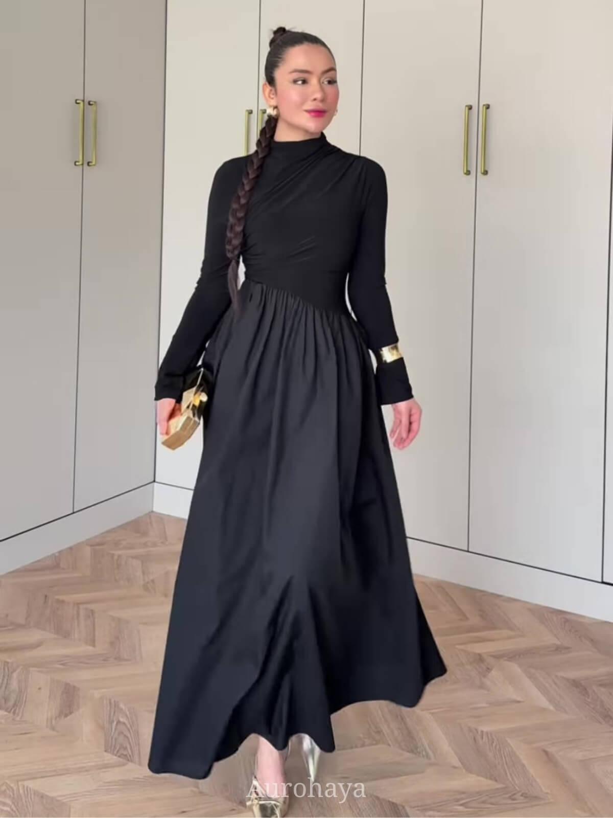 Aurohaya Round Neck Long Sleeve Twisted Bodice Maxi Dress