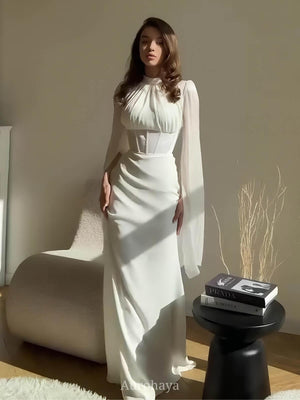 Aurohaya Round Neck Split Long Sleeve Corset Waist Maxi Dress White