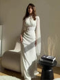 Aurohaya Round Neck Split Long Sleeve Corset Waist Maxi Dress White