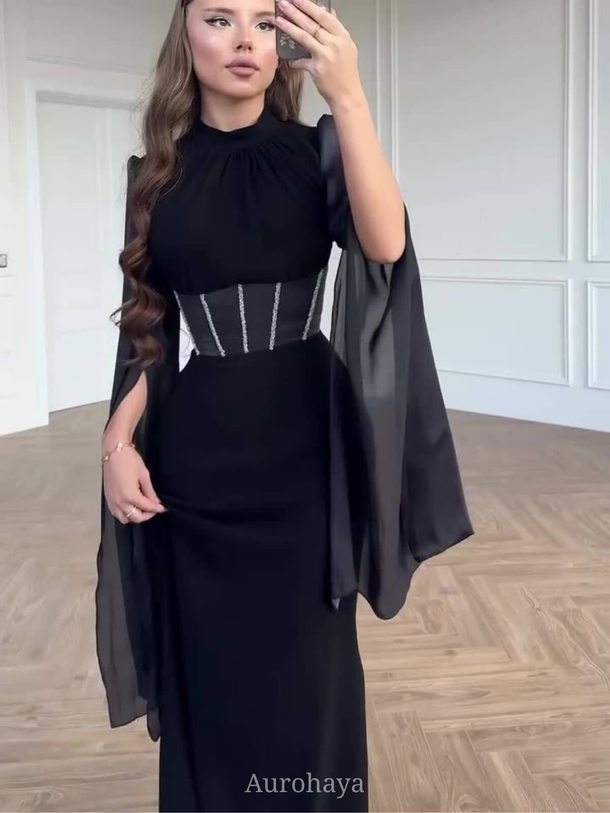 Round Neck Split Long Sleeve Corset Waist Maxi Dress