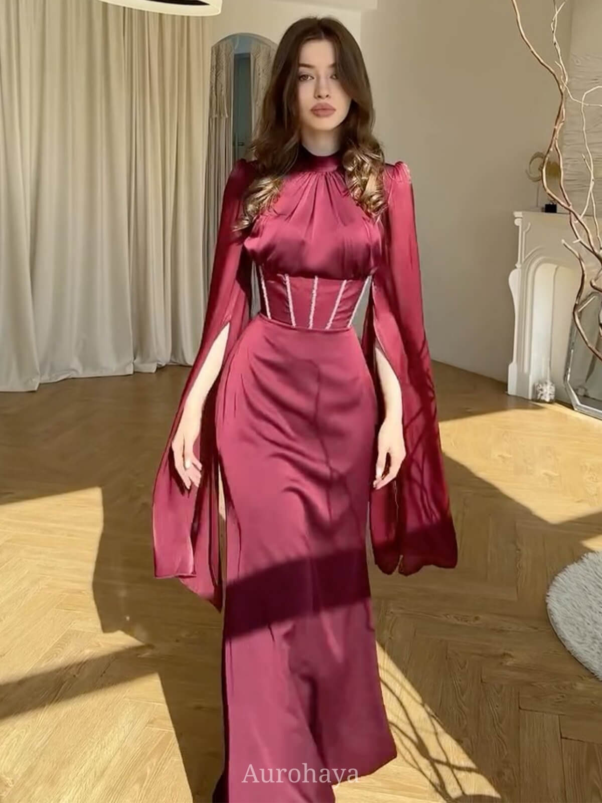 Round Neck Split Long Sleeve Corset Waist Maxi Dress
