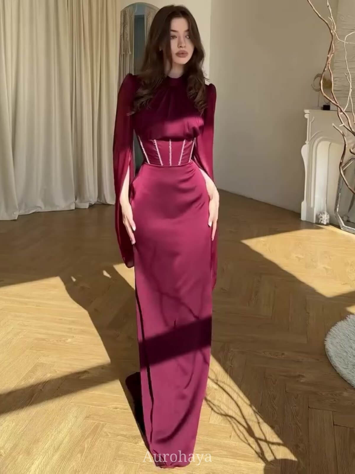 Round Neck Split Long Sleeve Corset Waist Maxi Dress