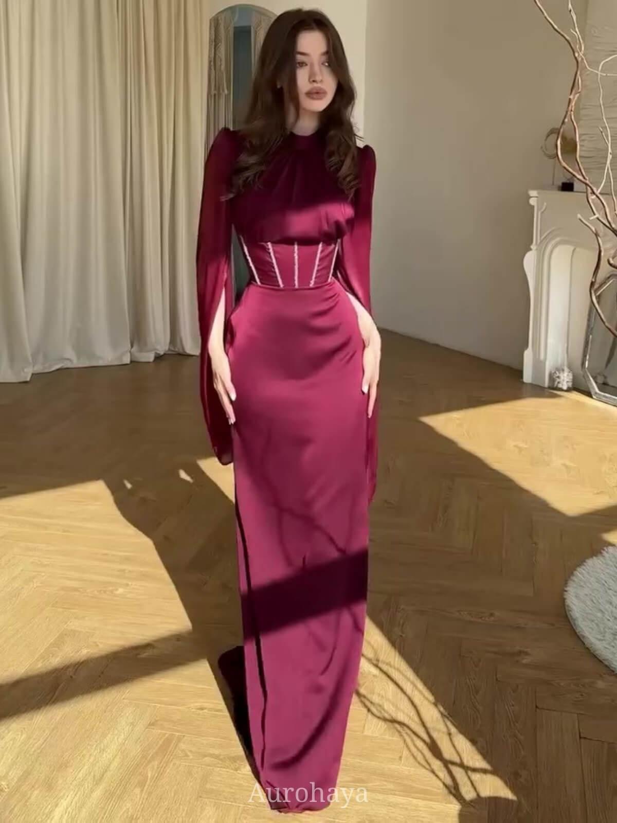 Aurohaya Round Neck Split Long Sleeve Corset Waist Maxi Dress Wine