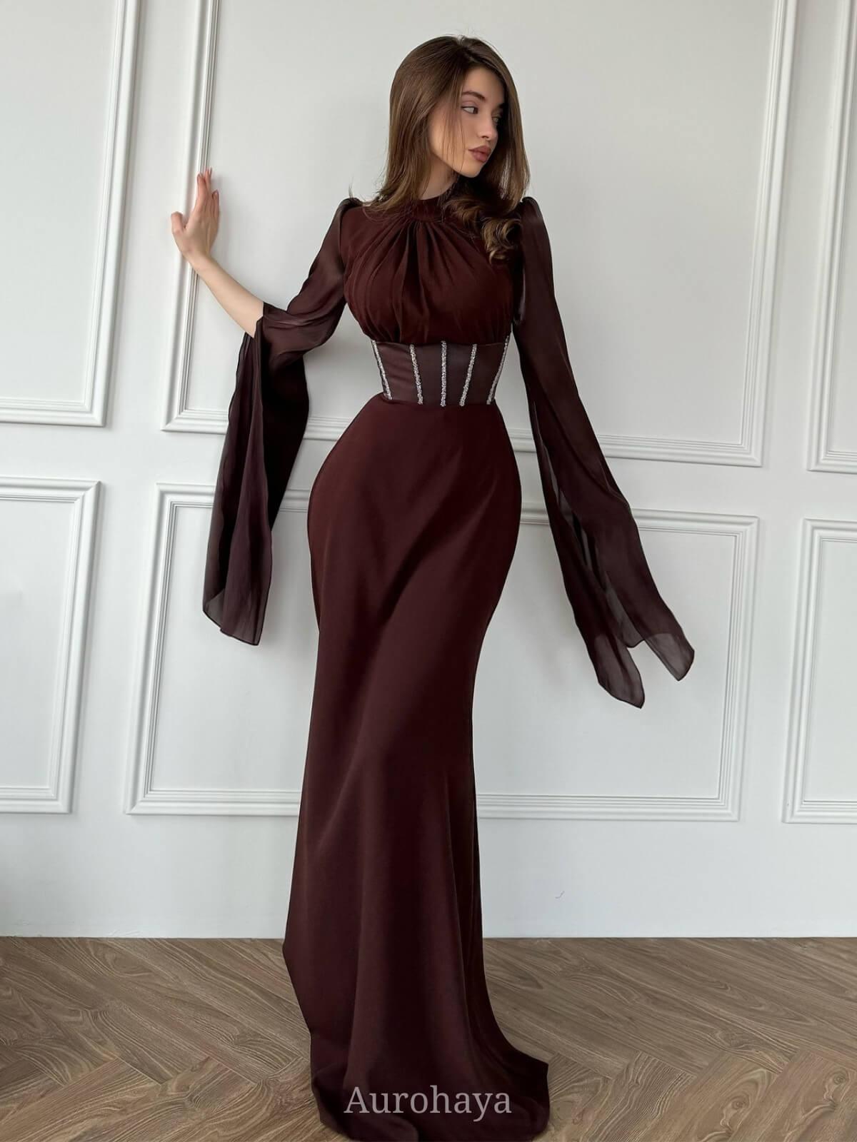 Aurohaya Round Neck Split Long Sleeve Corset Waist Maxi Dress Brown