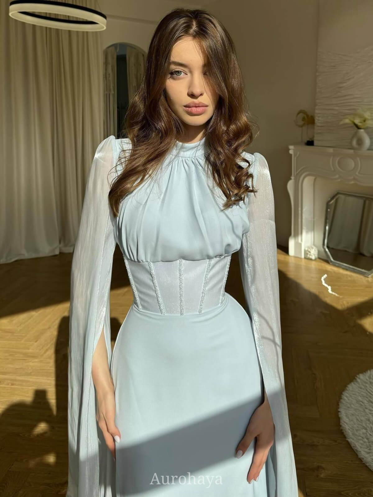 Aurohaya Round Neck Split Long Sleeve Corset Waist Maxi Dress