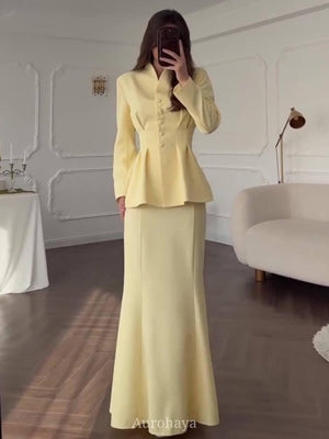 Aurohaya Long Sleeve Button-Front Maxi Dress 2-Piece Set Yellow