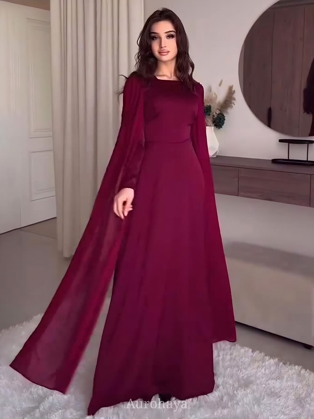 Burgundy Cape Long Sleeve Maxi Dress
