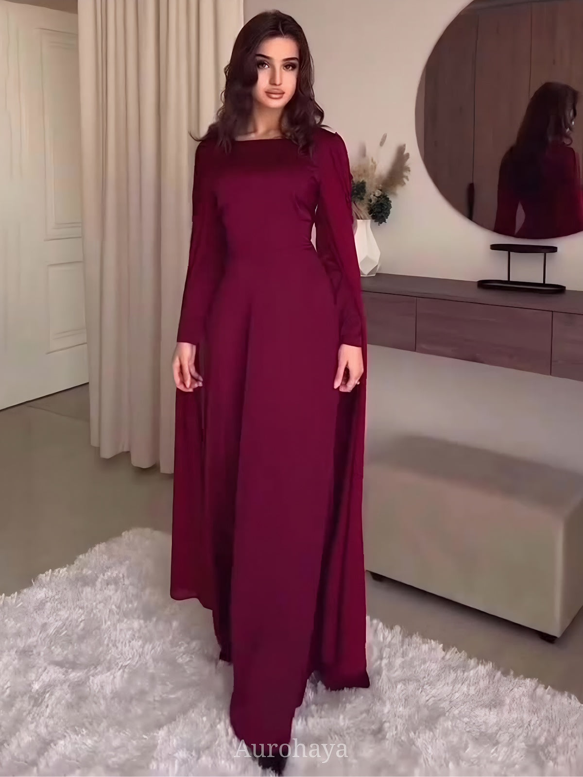 Burgundy Cape Long Sleeve Maxi Dress
