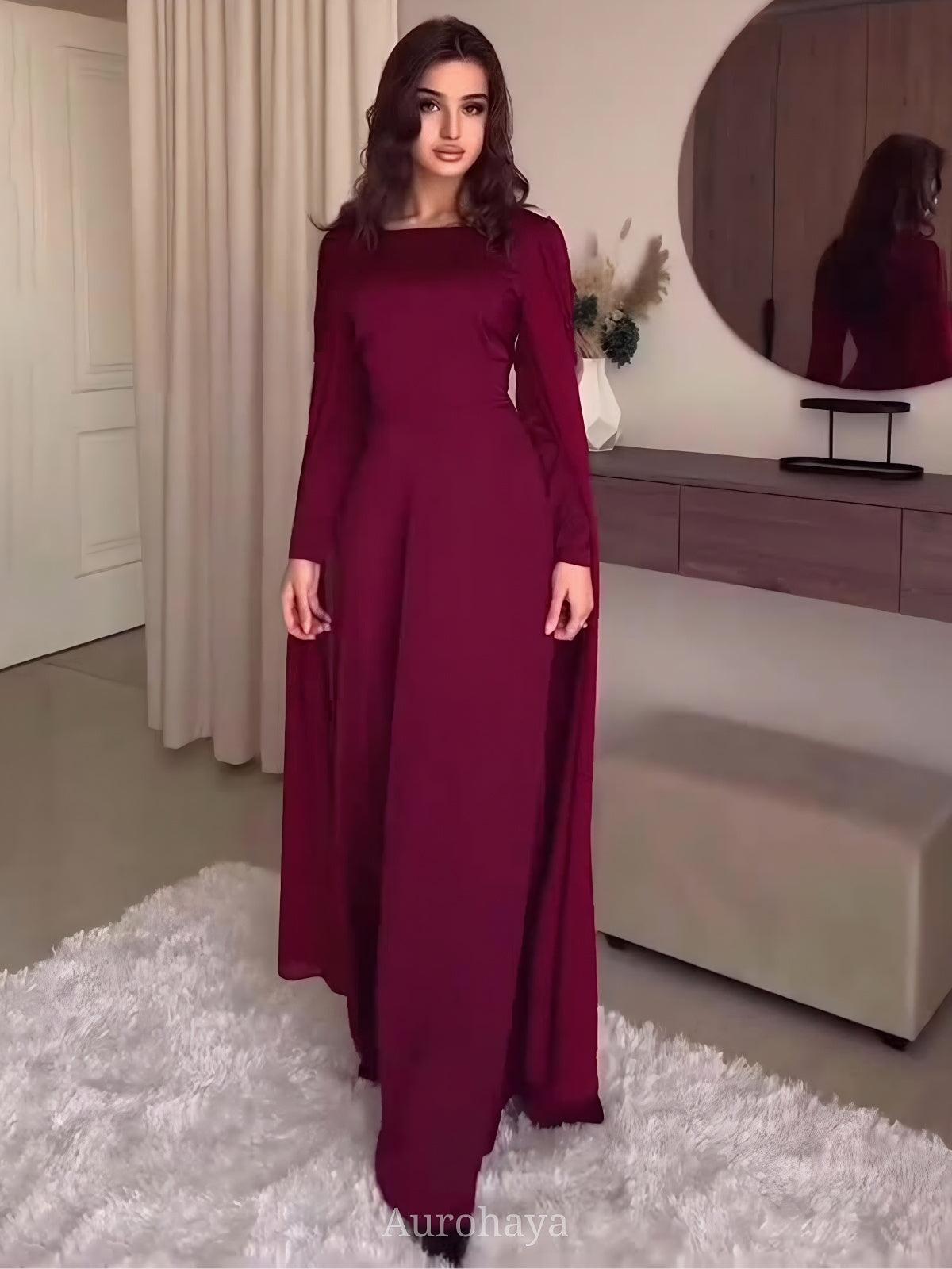 Aurohaya Burgundy Cape Long Sleeve Maxi Dress