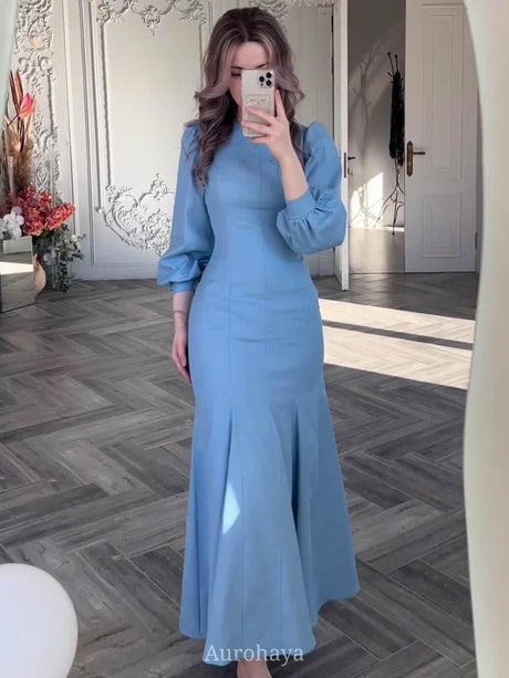 Aurohaya Round Neck Puff Sleeve Fitted Maxi Dress Blue