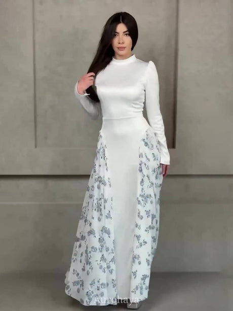 Aurohaya Round Neck Long Sleeve Floral Maxi Dress White