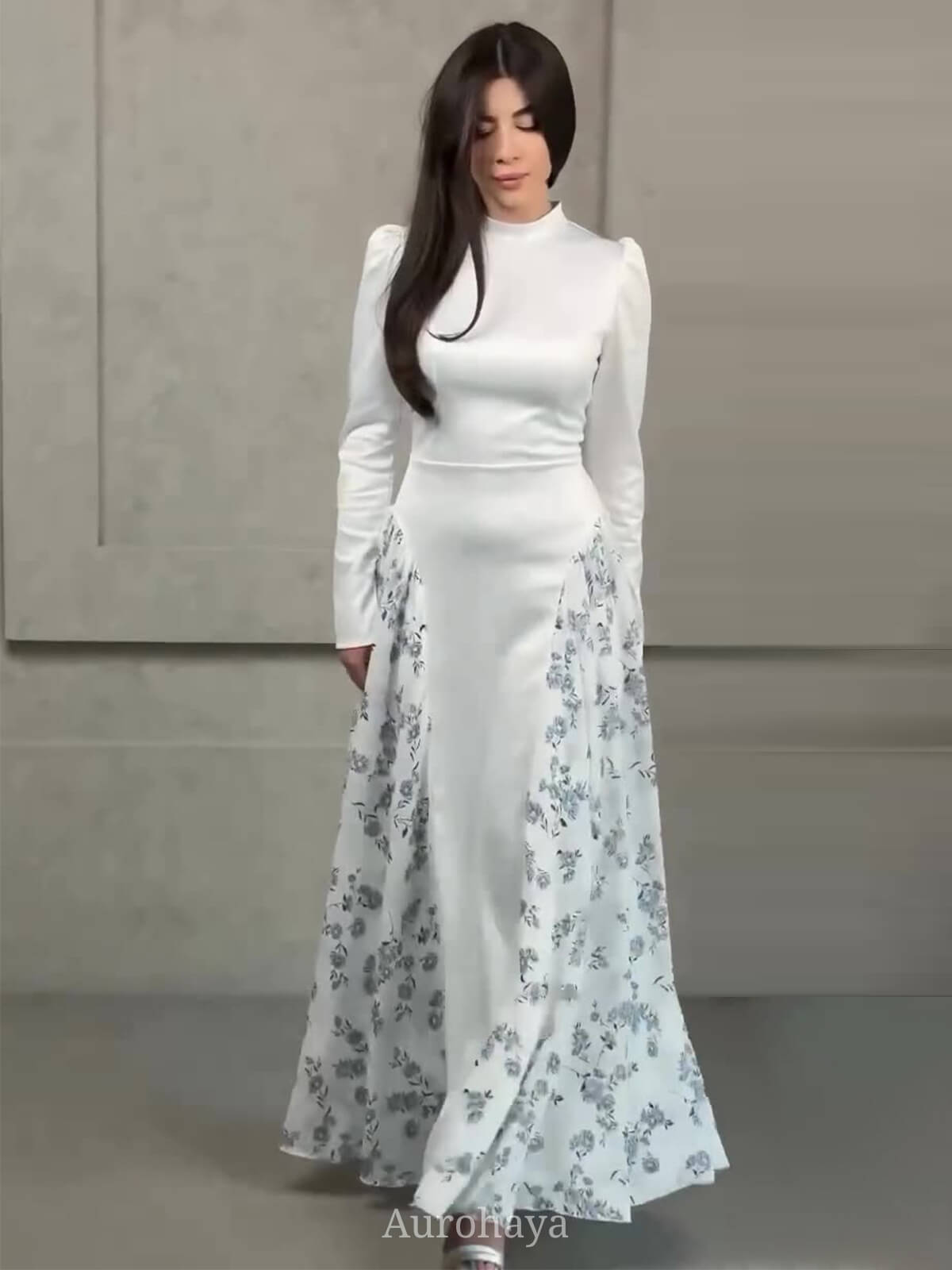 Round Neck Long Sleeve Floral Maxi Dress