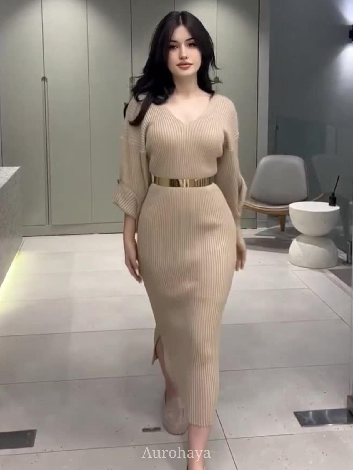 Elegant Knit V-Neck Long Sleeve Bodycon Dress with Waist Belt