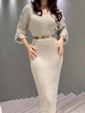Elegant Knit V-Neck Long Sleeve Bodycon Dress with Waist Belt