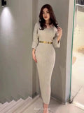 Elegant Knit V-Neck Long Sleeve Bodycon Dress with Waist Belt