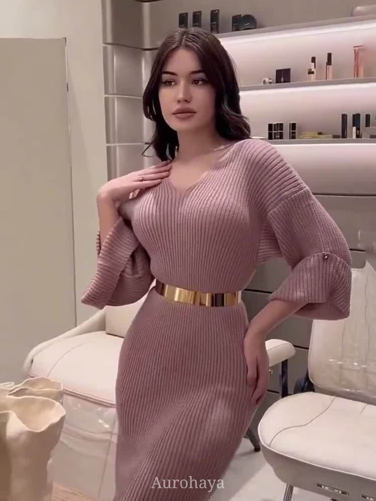 Elegant Knit V-Neck Long Sleeve Bodycon Dress with Waist Belt