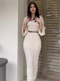 Elegant Knit V-Neck Long Sleeve Bodycon Dress with Waist Belt