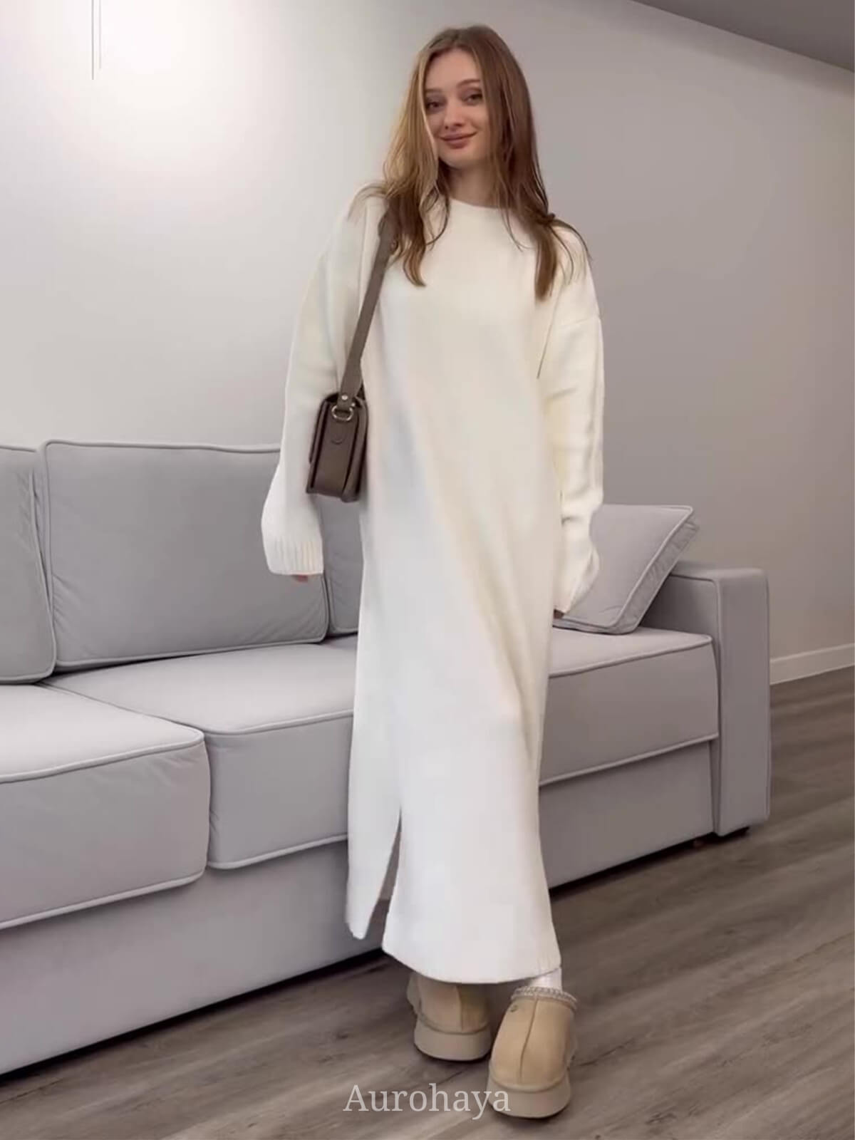 Cozy Knit Crew Neck Long Sleeve Loose Fit Dress